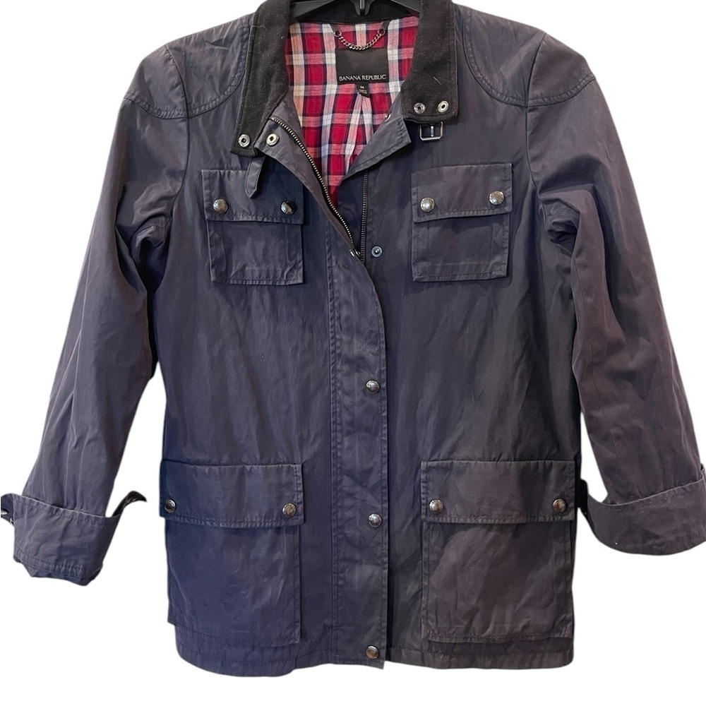 Banana Republic Womens Jacket Blue Waxed Canvas Corduroy Collar Barn Coat Medium - Picture 2 of 7